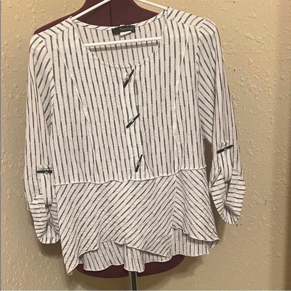 Moonlight (Y & S Fashion Design) White and Blue Striped Button Blouse 3/4 sleeve